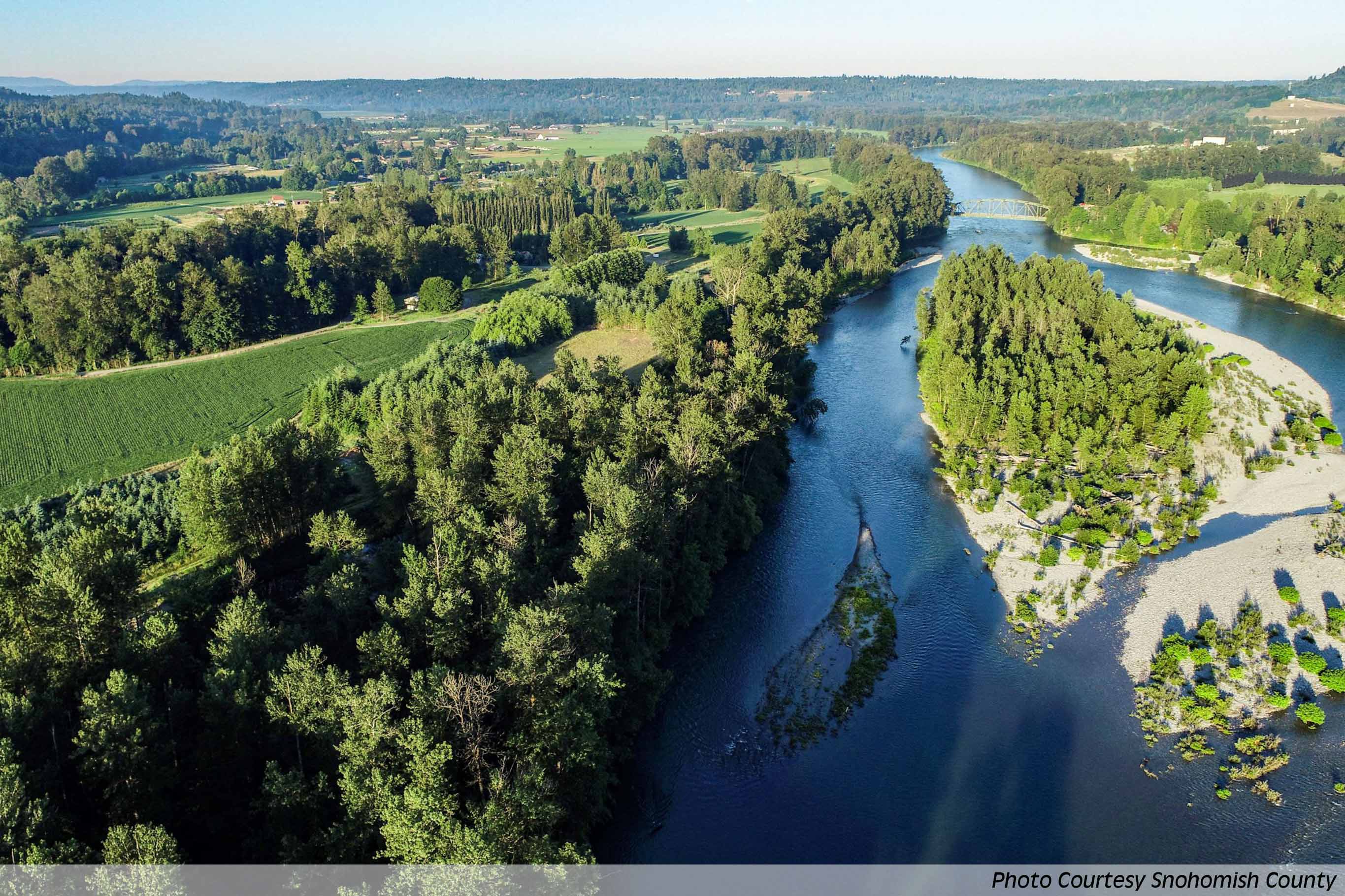 Taulco Valley - aerial view, facing West, of where the Skykomish and Snoqualmie Rivers meet to form the Snohomish River