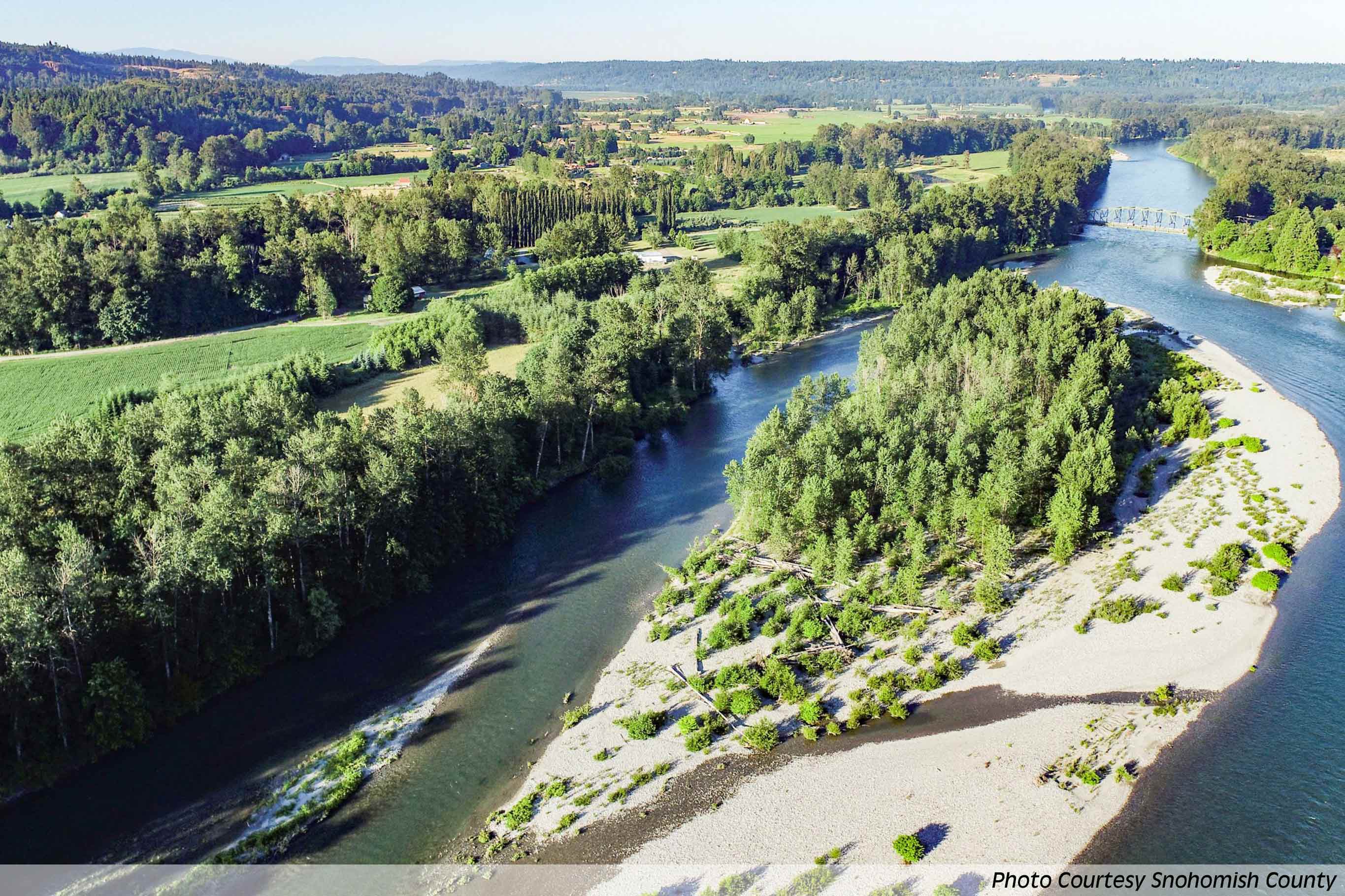 Taulco Valley - aerial view of the sandbar between the Skykomish and Snoqualmie Rivers where they meet