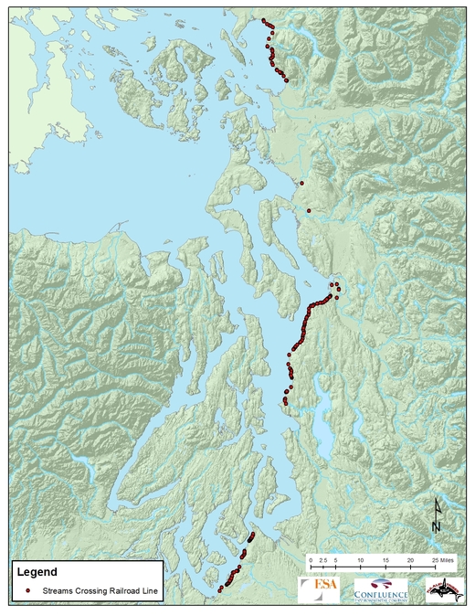 The railroad is a prominent modification on long stretches of the eastern shore of Puget Sound map