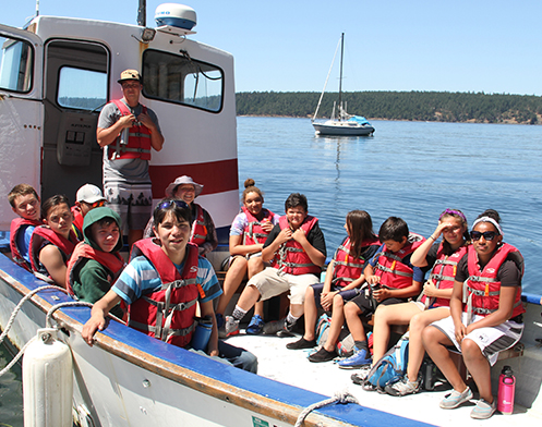 Young people, wearing lifejackets, sit on both sides of the boat with an adult standing to take a group picture