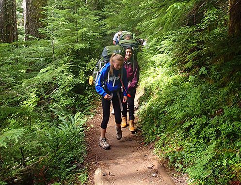 A group of young people and adults, hiking on a mountain trail, enjoying and learning about nature